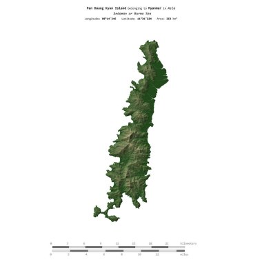 Andaman veya Burma Denizi 'ndeki Pan Daung Kyun Adası, Myanmar' a ait, renkli bir yükseklik haritasında izole edilmiş, uzaklık ölçeğinde.