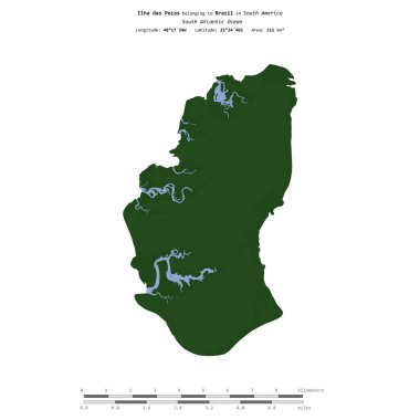 Brezilya 'ya ait olan Güney Atlantik Okyanusu' ndaki Ilha das Pecas, uzaklık ölçeğinde, renkli bir yükseklik haritasında izole edilmiştir.