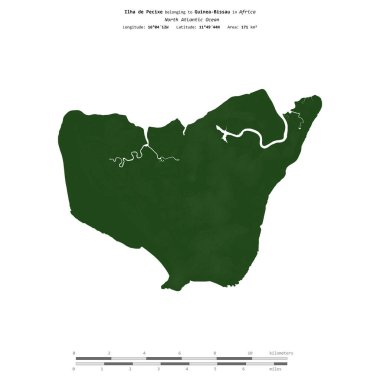 Kuzey Atlantik Okyanusu 'ndaki Ilha de Pecixe, Gine-Bissau' ya ait, renkli bir yükseklik haritasında izole edilmiş, mesafe ölçeğinde.