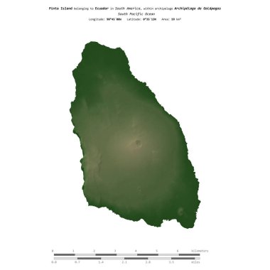 Güney Pasifik Okyanusu 'ndaki Pinta Adası, Ekvador' a ait, uzaklık ölçeğinde, renkli bir yükseklik haritasında izole edilmiştir.