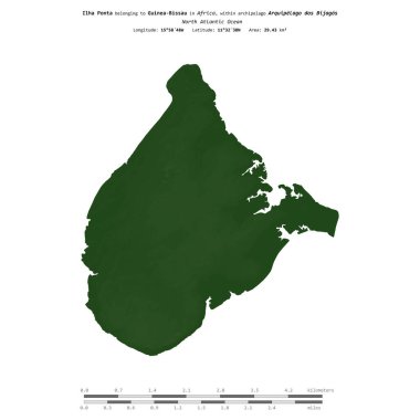 Kuzey Atlantik Okyanusu 'ndaki Ilha Ponta, Gine-Bissau' ya ait, uzaklık ölçeğinde, renkli bir yükseklik haritasında izole edilmiş.