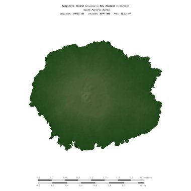 Yeni Zelanda 'ya ait Güney Pasifik Okyanusu' ndaki Rangitoto Adası, uzaklık ölçeğine sahip renkli bir yükseklik haritası üzerinde izole edilmiştir.
