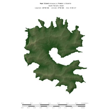 Güney Pasifik Okyanusu 'ndaki Rapa Adası. Fransa' ya ait. Renkli bir yükseklik haritasında izole edilmiş.