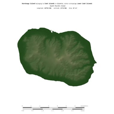 Cook Adaları 'na ait Güney Pasifik Okyanusu' ndaki Rarotonga Adası, uzaklık ölçeğinde, renkli bir yükseklik haritasında izole edilmiştir.