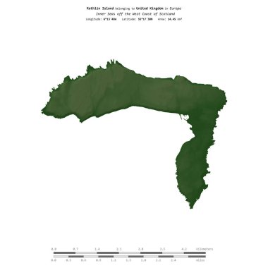 İskoçya 'nın batı kıyısındaki İç Denizler' deki Rathlin Adası. Birleşik Krallık 'a ait. Renkli bir yükseklik haritasında izole edilmiş.