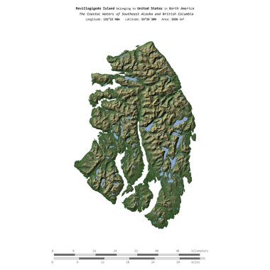Amerika Birleşik Devletleri 'ne ait Güneydoğu Alaska ve Britanya Kolumbiyası' nın Sahil Suları 'ndaki Revillagigedo Adası renkli bir yükseklik haritasında izole edilmiştir.