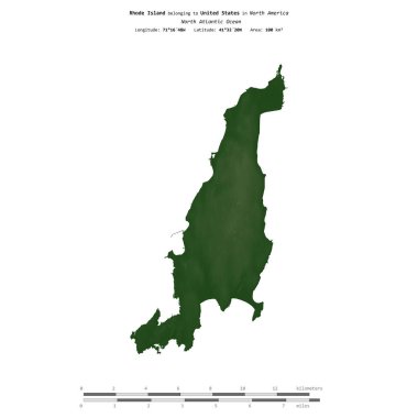Amerika Birleşik Devletleri 'ne ait Kuzey Atlantik Okyanusu' ndaki Rhode Island, uzaklık ölçeğinde, renkli bir yükseklik haritasında izole edilmiştir.