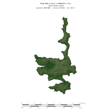 Endonezya 'ya ait Güney Pasifik Okyanusu' ndaki Pulau Roon, uzaklık ölçeğine sahip renkli bir yükseklik haritasında izole edilmiştir.