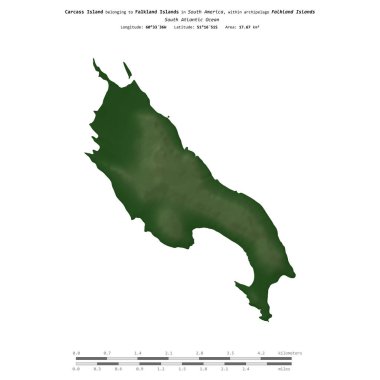 Falkland Adaları 'na ait Güney Atlantik Okyanusu' ndaki Carcass Adası, uzaklık ölçeğinde, renkli bir yükseklik haritasında izole edilmiştir.
