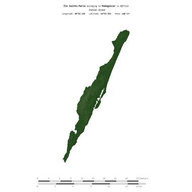Madagaskar 'a ait Hint Okyanusu' ndaki Ile Sainte-Marie, uzaklık ölçeğine sahip renkli bir yükseklik haritasında izole edilmiştir.