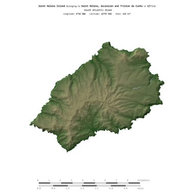 Saint Helena, Ascension ve Tristan da Cunha 'ya ait olan Güney Atlantik Okyanusu' ndaki Saint Helena Adası renkli bir yükseklik haritasında izole edilmiştir.