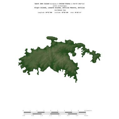 Karayip Denizi 'ndeki Saint John Adası, ABD Virjin Adaları' na ait, uzaklık ölçeğinde, renkli bir yükseklik haritasında izole edilmiş.