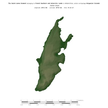 Hint Okyanusu 'ndaki Ile Saint-Lanne Gramont. Güney ve Antarktika topraklarına ait. Renkli bir yükseklik haritasında izole edilmiş.