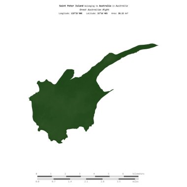 Avustralya 'ya ait Büyük Avustralya Körfezi' ndeki Aziz Peter Adası, uzaklık ölçeğinde, renkli bir yükseklik haritasında izole edilmiştir.