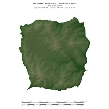Kaliforniya Körfezi 'ndeki Saint Stephen Adası, Meksika' ya ait, uzaklık ölçeğinde, renkli bir yükseklik haritasında izole edilmiş.