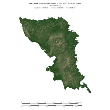 Filipin Denizi 'ndeki Samar Adası, uzak mesafe ölçeğinde, renkli bir yükseklik haritasında izole edilmiştir.