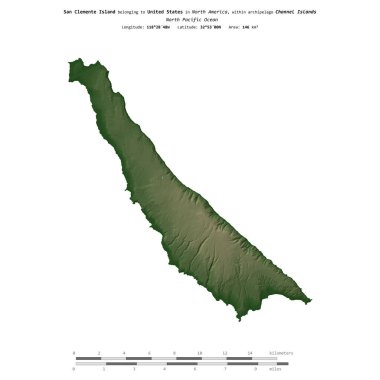 Amerika Birleşik Devletleri 'ne ait Kuzey Pasifik Okyanusu' ndaki San Clemente Adası, uzaklık ölçeğinde, renkli bir yükseklik haritasında izole edilmiştir.