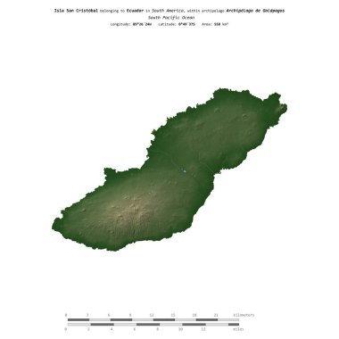 Güney Pasifik Okyanusu 'ndaki San Cristobal Adası, Ekvador' a ait, uzaklık ölçeğinde, renkli bir yükseklik haritasında izole edilmiştir.