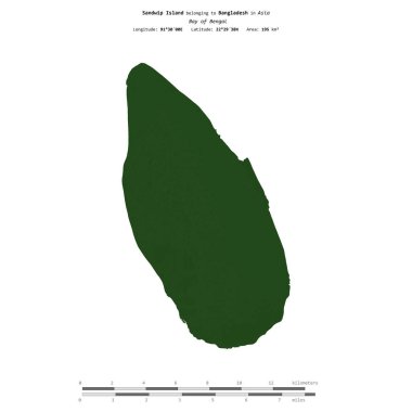 Bengal Körfezi 'ndeki Sandwip Adası, Bangladeş' e ait, uzaklık ölçeğinde, renkli bir yükseklik haritasında izole edilmiş.