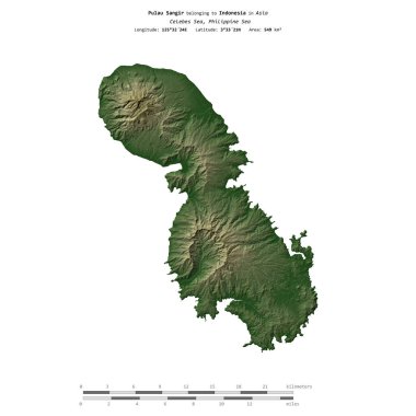 Endonezya 'ya ait Celebes Denizi' ndeki Pulau Sangir, uzaklık ölçeğine sahip renkli bir yükseklik haritasında izole edilmiştir.