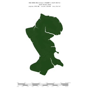 Güney Pasifik Okyanusu 'ndaki Santa Ana Adası, Ekvador' a ait, uzaklık ölçeğine sahip renkli bir yükseklik haritasında izole edilmiştir.