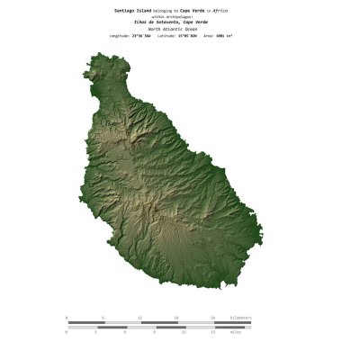 Kuzey Atlantik Okyanusu 'ndaki Santiago Adası, Cape Verde' ye ait, uzaklık ölçeğinde, renkli bir yükseklik haritasında izole edilmiş.