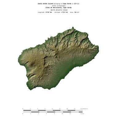 Kuzey Atlantik Okyanusu 'ndaki Santo Antao Adası. Cape Verde' ye ait. Renkli bir yükseklik haritasında izole edilmiş.