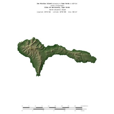 Kuzey Atlantik Okyanusu 'ndaki Sao Nicolau Adası, Cape Verde' ye ait, uzaklık ölçeğine sahip renkli bir yükseklik haritasında izole edilmiştir.