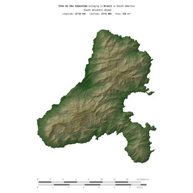 Brezilya 'ya ait Güney Atlantik Okyanusu' ndaki Ilha de Sao Sebastiao, uzaklık ölçeğine sahip renkli bir yükseklik haritasında izole edilmiştir.