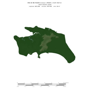 Brezilya 'ya ait Güney Atlantik Okyanusu' ndaki Ilha de Sao Vicente, uzaklık ölçeğine sahip renkli bir yükseklik haritasında izole edilmiştir.