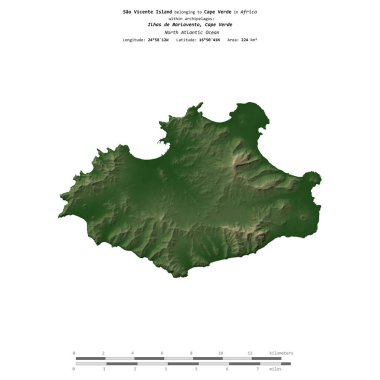 Kuzey Atlantik Okyanusu 'ndaki Sao Vicente Adası. Cape Verde' ye ait. Renkli bir yükseklik haritasında izole edilmiş.