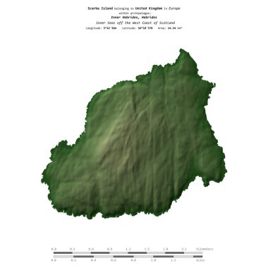 İskoçya 'nın batı kıyısındaki İç Denizler' deki Scarba Adası. Birleşik Krallık 'a ait. Uzaklık ölçeğinde, renkli bir yükseklik haritasında izole edilmiş.