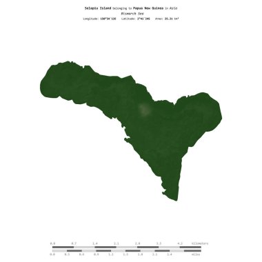 Bismarck Denizi 'ndeki Selapiu Adası, Papua Yeni Gine' ye ait, uzaklık ölçeğinde, renkli bir yükseklik haritasında izole edilmiş.
