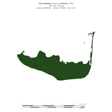 Endonezya 'ya ait Bali Denizi' ndeki Pulau Sepanjang, uzaklık ölçeğine sahip renkli bir yükseklik haritasında izole edilmiştir.
