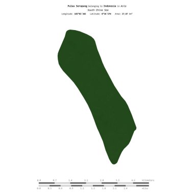 Güney Çin Denizi 'ndeki Pulau Serapung, Endonezya' ya ait, uzaklık ölçeğinde, renkli bir yükseklik haritasında izole edilmiş.
