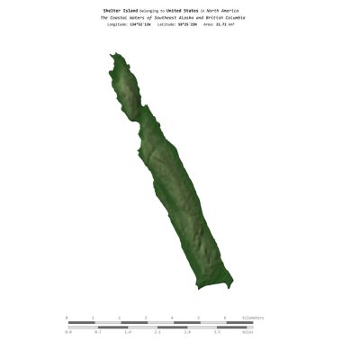Güneydoğu Alaska ve Britanya Kolumbiyası 'nın Sahil Suları' ndaki Shelter Adası, Amerika Birleşik Devletleri 'ne ait, renkli bir yükseklik haritasında izole edilmiş, mesafe ölçeğinde.