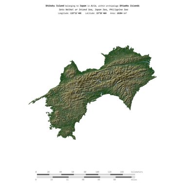 Japonya Denizi 'ndeki Shikoku Adası, uzaklık ölçeğinde renkli bir yükseklik haritasında izole edilmiştir.