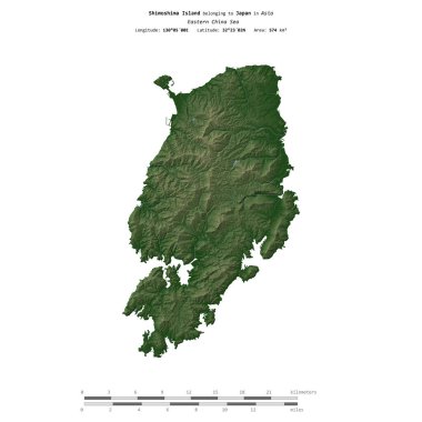 Doğu Çin Denizi 'ndeki Shimoshima Adası, Japonya' ya ait, uzaklık ölçeğinde, renkli bir yükseklik haritasında izole edilmiş.