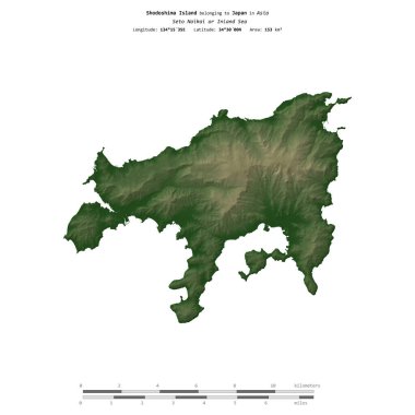 Japonya 'ya ait Seto Naikai veya İç Denizi' ndeki Shodoshima Adası, uzaklık ölçeğine sahip renkli bir yükseklik haritasında izole edilmiştir.
