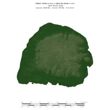 Güney Pasifik Okyanusu 'ndaki Simberi Adası, Papua Yeni Gine' ye ait, uzaklık ölçeğine sahip renkli bir yükseklik haritasında izole edilmiştir.