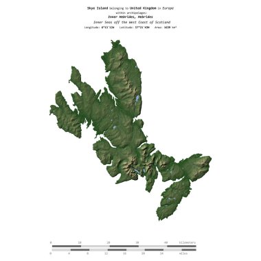 İskoçya 'nın batı kıyısındaki İç Denizler' deki Skye Adası, Birleşik Krallık 'a ait, renkli bir yükseklik haritasında izole edilmiş, mesafe ölçeğinde.