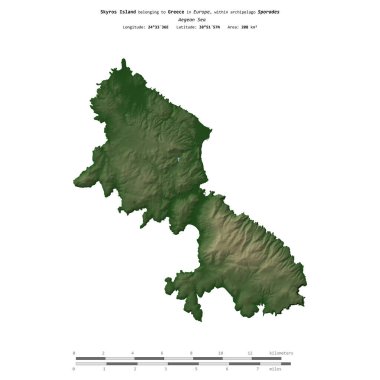 Yunanistan 'a ait Ege Denizi' ndeki Skyros Adası, uzaklık ölçeğine sahip renkli bir yükseklik haritası üzerinde izole edilmiş.