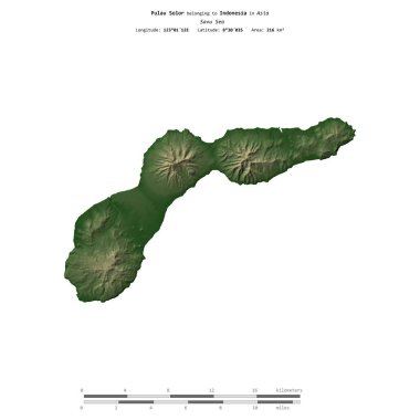 Endonezya 'ya ait Savu Denizi' ndeki Pulau Solor, uzaklık ölçeğine sahip renkli bir yükseklik haritasında izole edilmiştir.
