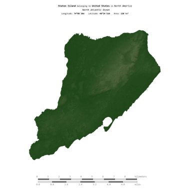 Amerika Birleşik Devletleri 'ne ait Kuzey Atlantik Okyanusu' ndaki Staten Adası, uzaklık ölçeğinde, renkli bir yükseklik haritasında izole edilmiştir.
