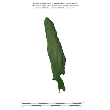 Güneydoğu Alaska ve Britanya Kolumbiyası 'nın Sahil Suları' ndaki Sullivan Adası, Amerika Birleşik Devletleri 'ne ait, renkli bir yükseklik haritasında izole edilmiş,