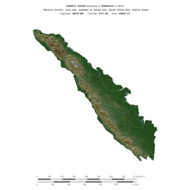 Endonezya 'ya ait Java Denizi' ndeki Sumatra Adası, uzaklık ölçeğine sahip renkli bir yükseklik haritasında izole edilmiştir.