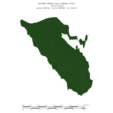 Finlandiya Körfezi 'ndeki Suur-Pakri Adası, Estonya' ya aittir ve uzaklık ölçeğine sahip renkli bir yükseklik haritasında izole edilmiştir.