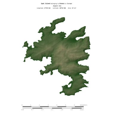 Yunanistan 'a ait Ege Denizi' ndeki Symi Adası, uzaklık ölçeğine sahip renkli bir yükseklik haritasında izole edilmiştir.