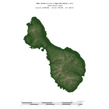 Güney Pasifik Okyanusu 'ndaki Tabar Adası, Papua Yeni Gine' ye ait, uzaklık ölçeğinde, renkli bir yükseklik haritasında izole edilmiş.
