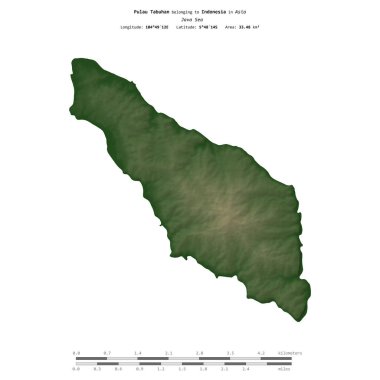 Endonezya 'ya ait Java Denizi' ndeki Pulau Tabuhan, uzaklık ölçeğine sahip renkli bir yükseklik haritasında izole edilmiştir.